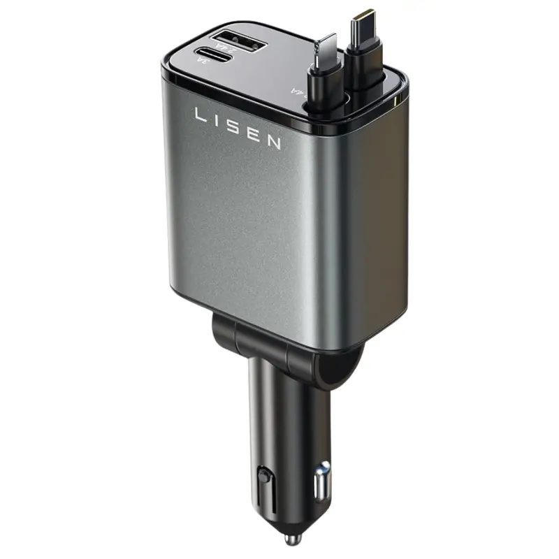 69W Lisen 4-In-1 Retractable Usb-C/Lightning/Usb-A Car Charger 1