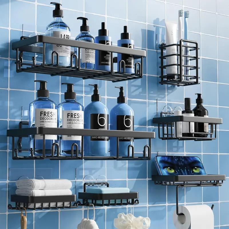 7-Pack Shower Caddy Adhesive Bathroom Organizer Set (Black) 1