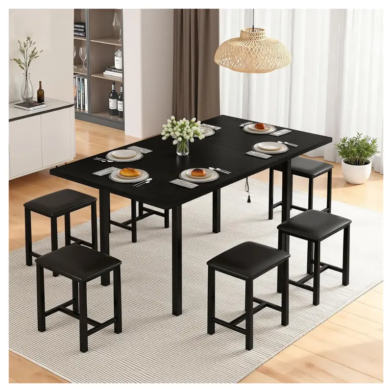 7-Piece Vecelo Dining Table Set With 6 Square Stools 1
