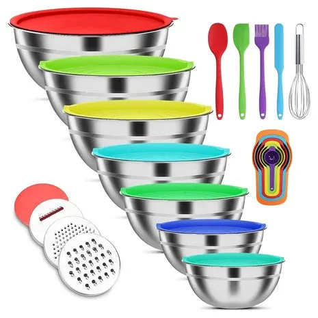 7 Stainless Steel Mixing Bowls With 3 Graters & 6 Measuring Spoons 1