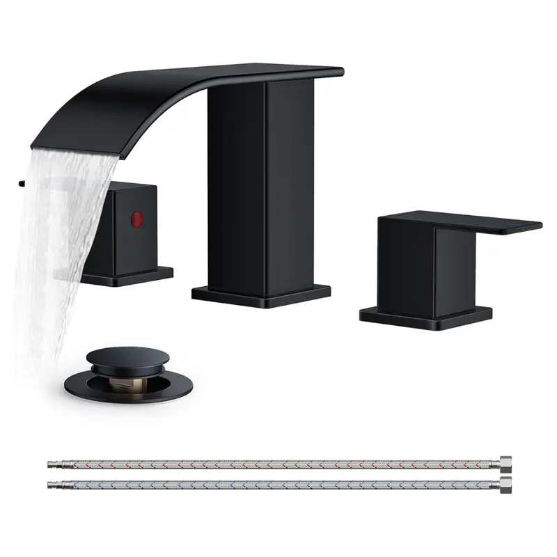 8" Widespread Waterfall Bathroom Sink Faucet W/ 3-Hole, Drain & Water Supply 1