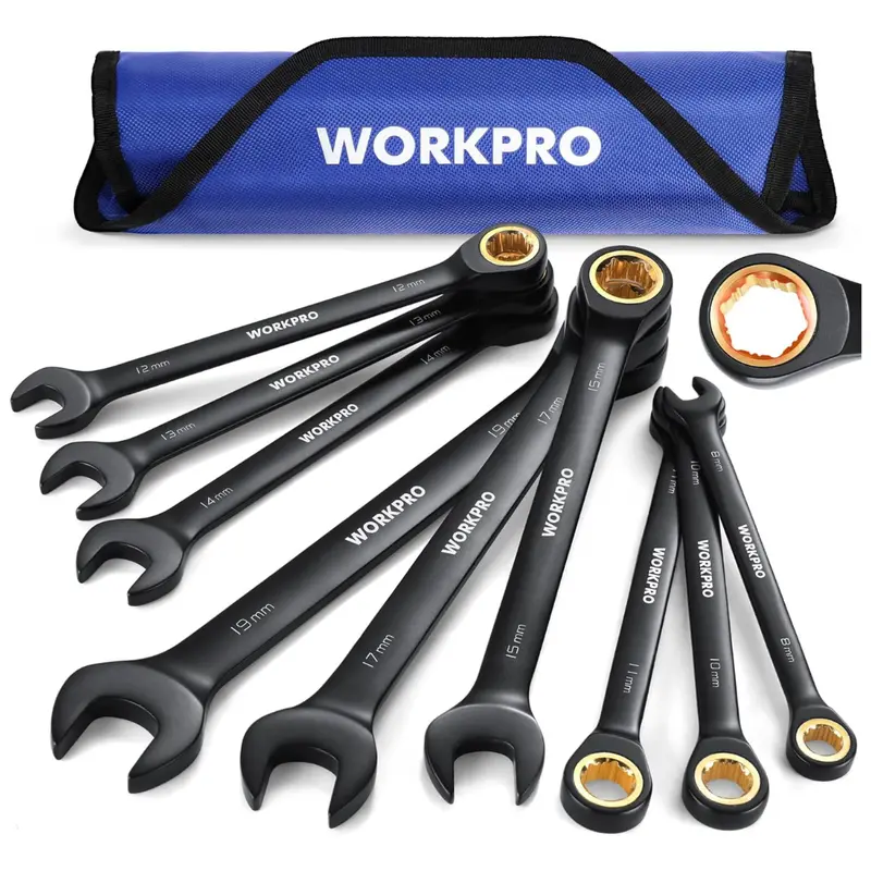 9-Piece Workpro Metric 72-Tooth Ratcheting Wrench Set (8-19Mm) W/ Pouch 1