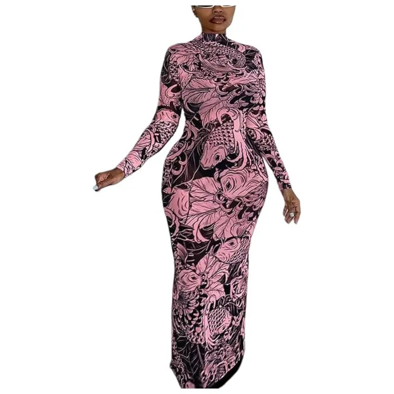 Acelyn Women's Sexy Mesh Long Sleeve Maxi Dress 1