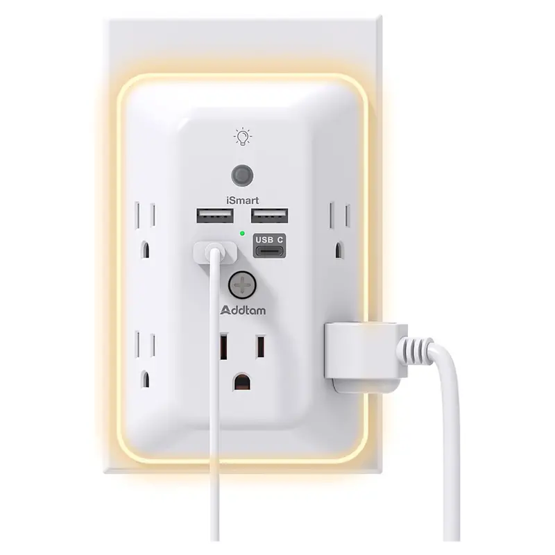 Addtam 5-Outlet Usb Wall Charger Power Strip With Night Light 1
