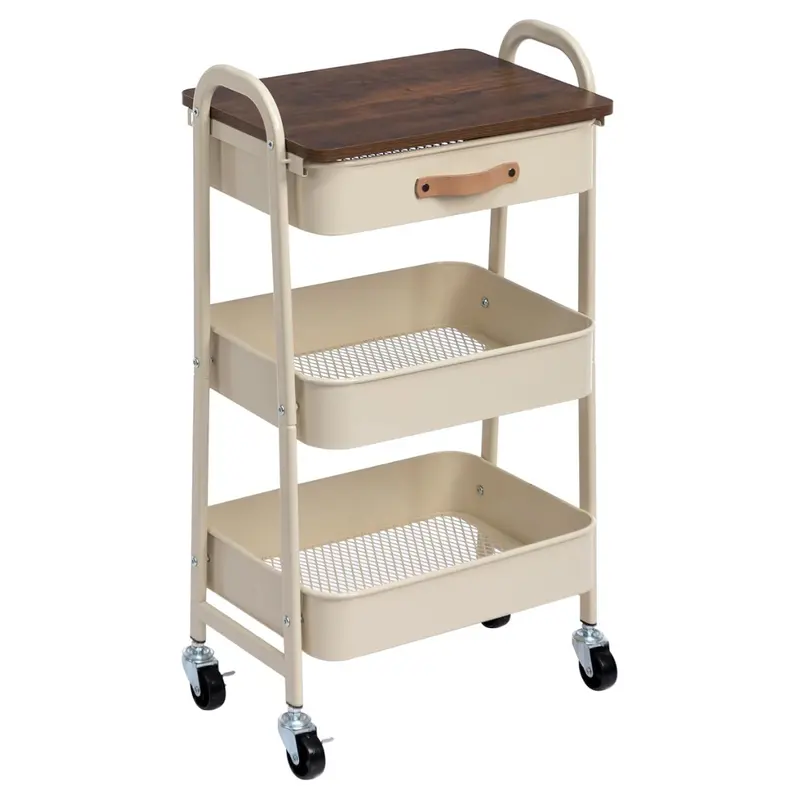 Agtek 3-Tier Rolling Utility Cart With Drawer & Wooden Top (Beige) 1