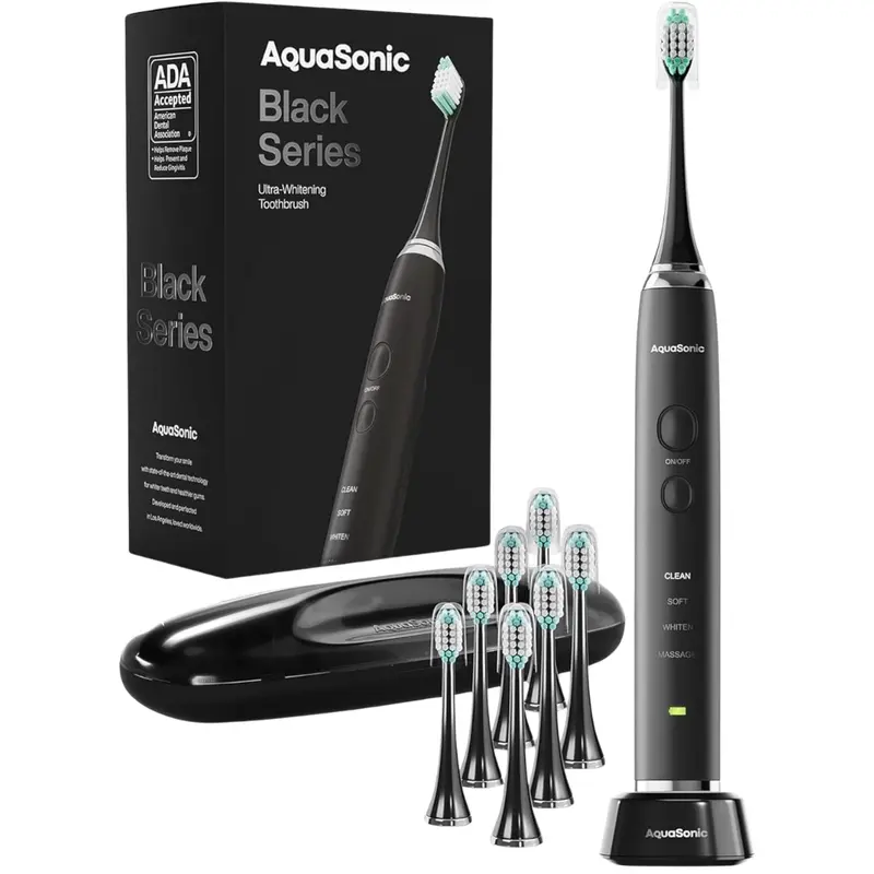 Aquasonic Black Series Ultra Whitening Electric Toothbrush W/ 8 Brush Heads 1