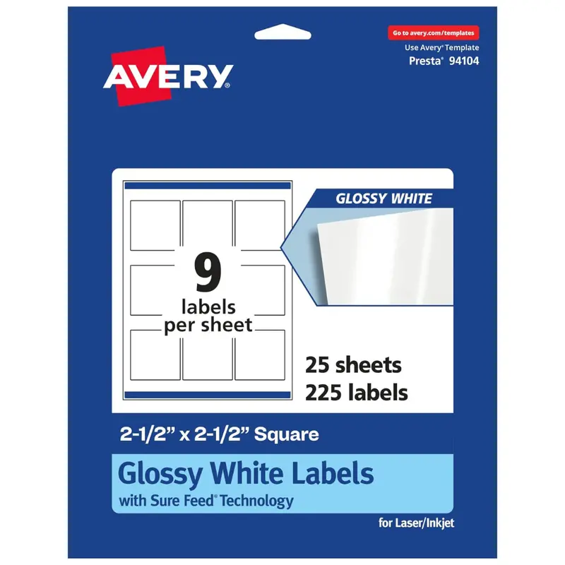 Avery Glossy 2.5″ X 2.5″ White Square Labels (225 Glossy White Labels) 1