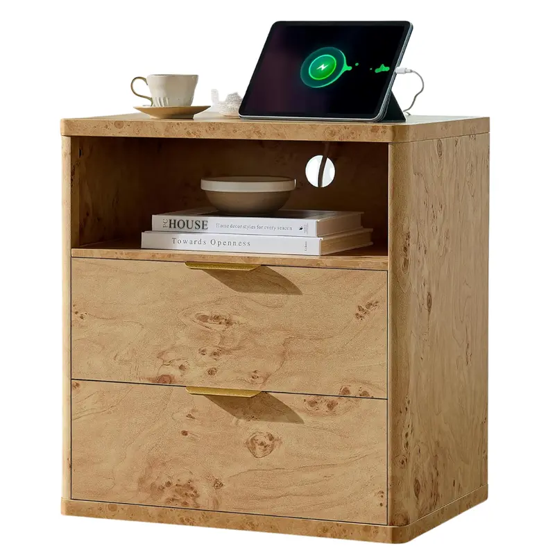 Awescuti 2 Drawers Burl Finish Nightstand With Charging Station 1