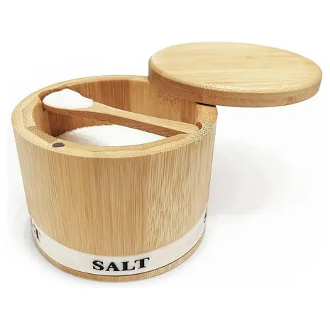 Bamboo Salt Container With Swivel Lid & Spoon 1