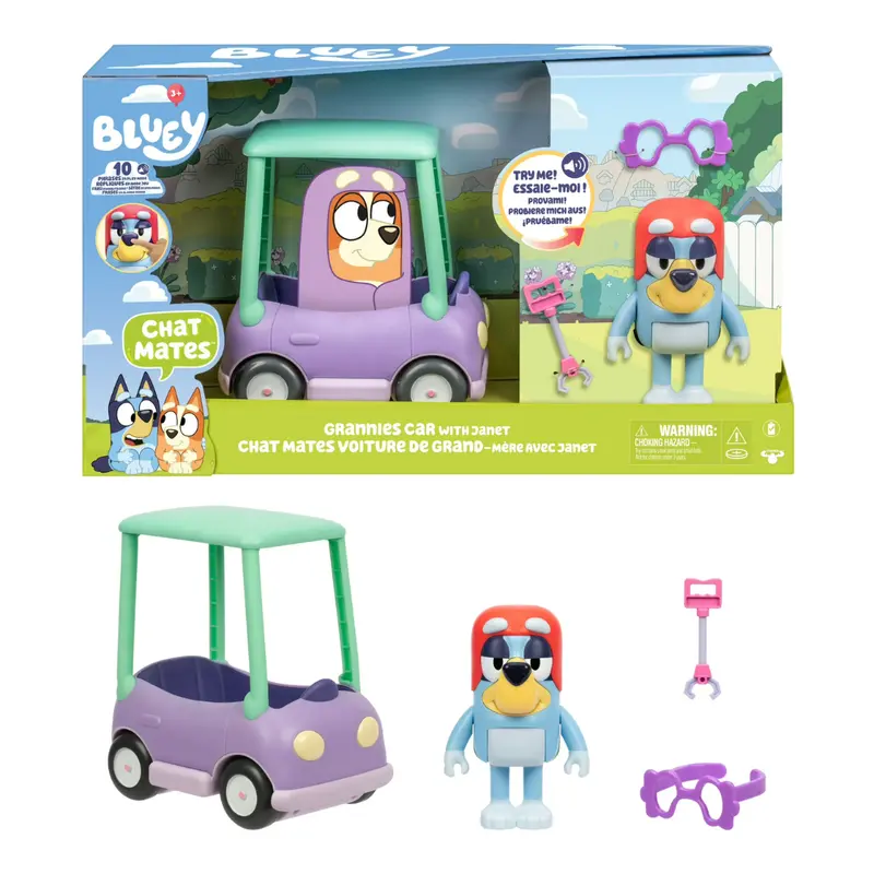 Bluey Kids Grannies Car Coupe Chat Mates Playset Talking Janet Toy 1