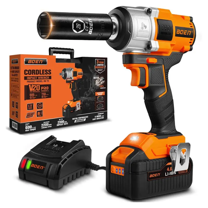 Boen 1/2" 600Ft-Lbs Brushless Cordless Impact Wrench Torque Gun 1