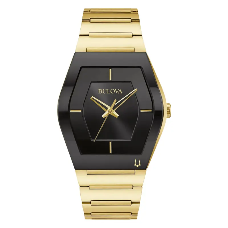 Bulova Men's Modern Gemini 3 Hand Gold Stainless Steel Black Dial Watch [Refurbished] 1