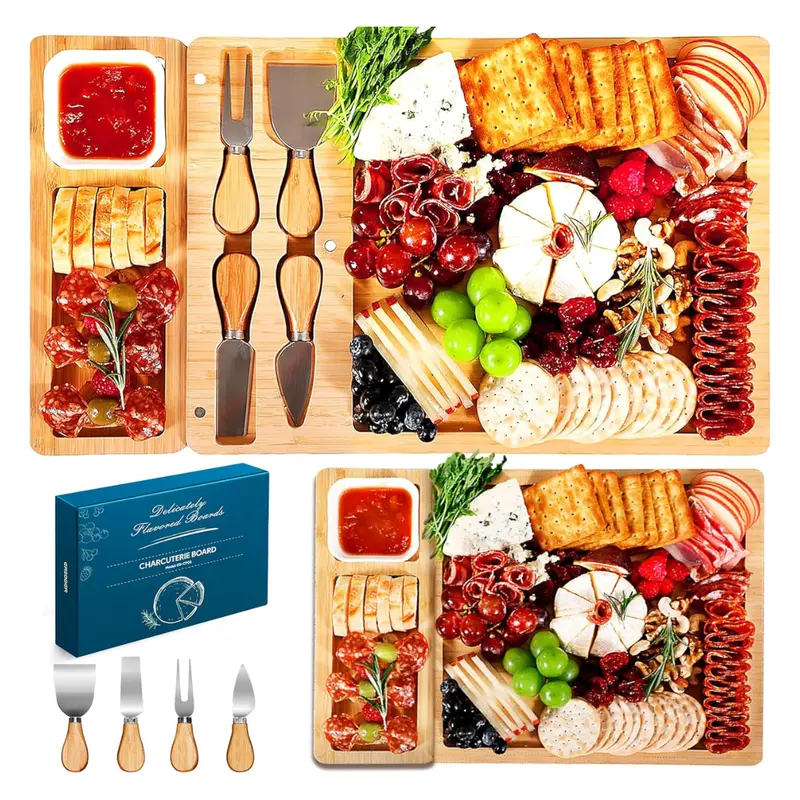 Easoger Large Bamboo Charcuterie Board With Drawers & 2 Ceramic Bowls 1