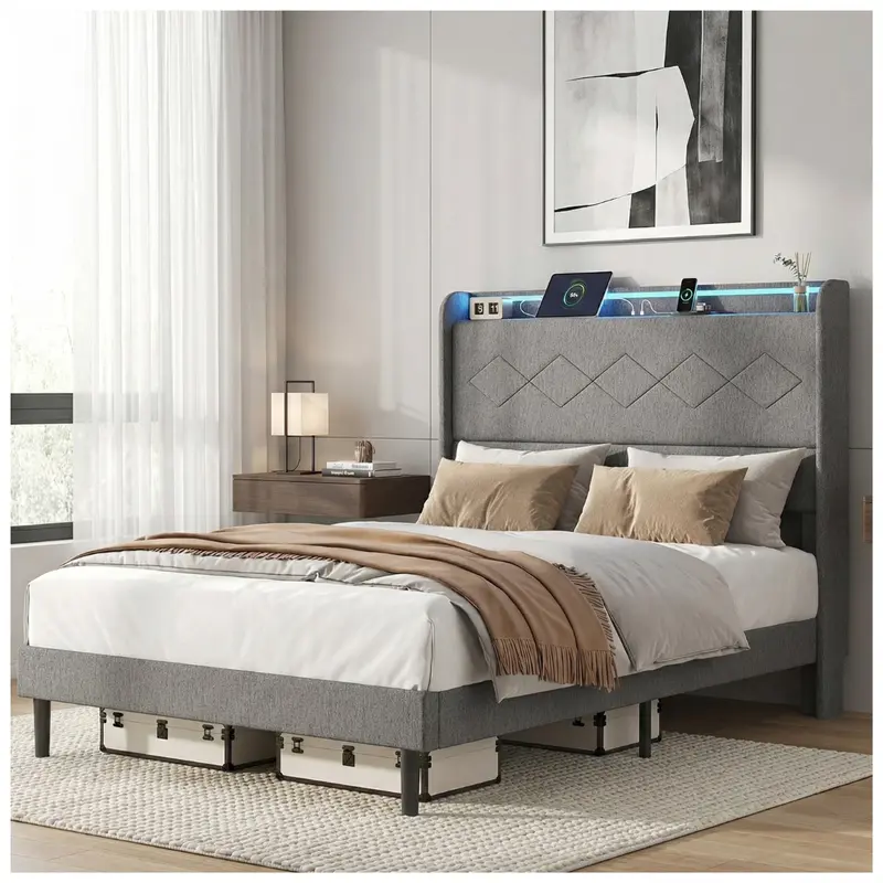 Edx Upholstered Full Bed Frame With Height-Adjustable Headboard 1