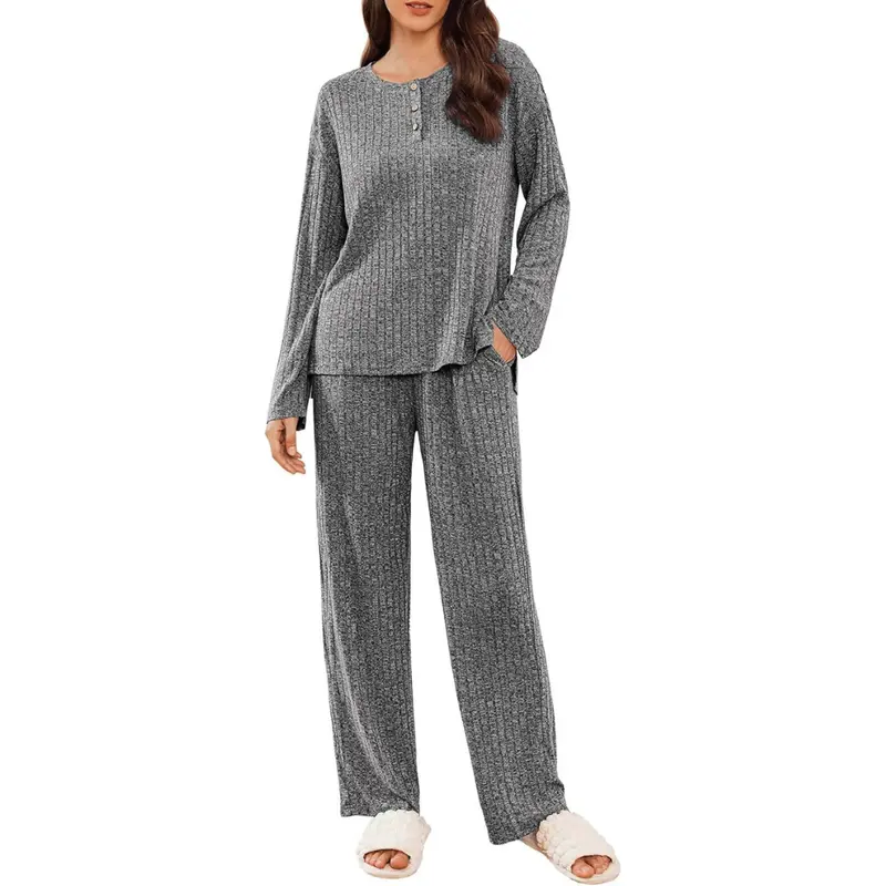 Ekouaer Women's Long Sleeve Ribbed Knit Lounge Set 1