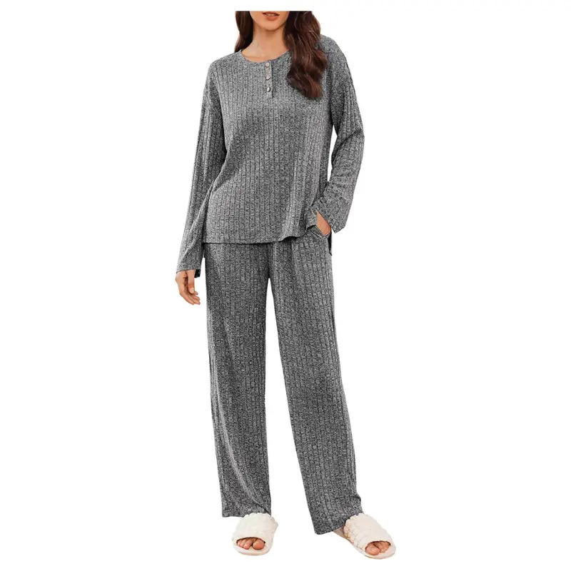 Ekouaer Women's Long Sleeve Ribbed Knit Lounge Set (Various) 1