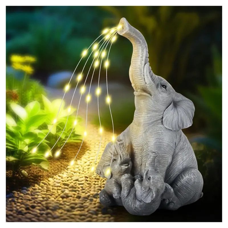 Elephant Family Resin Figurine Solar Garden Decor 1