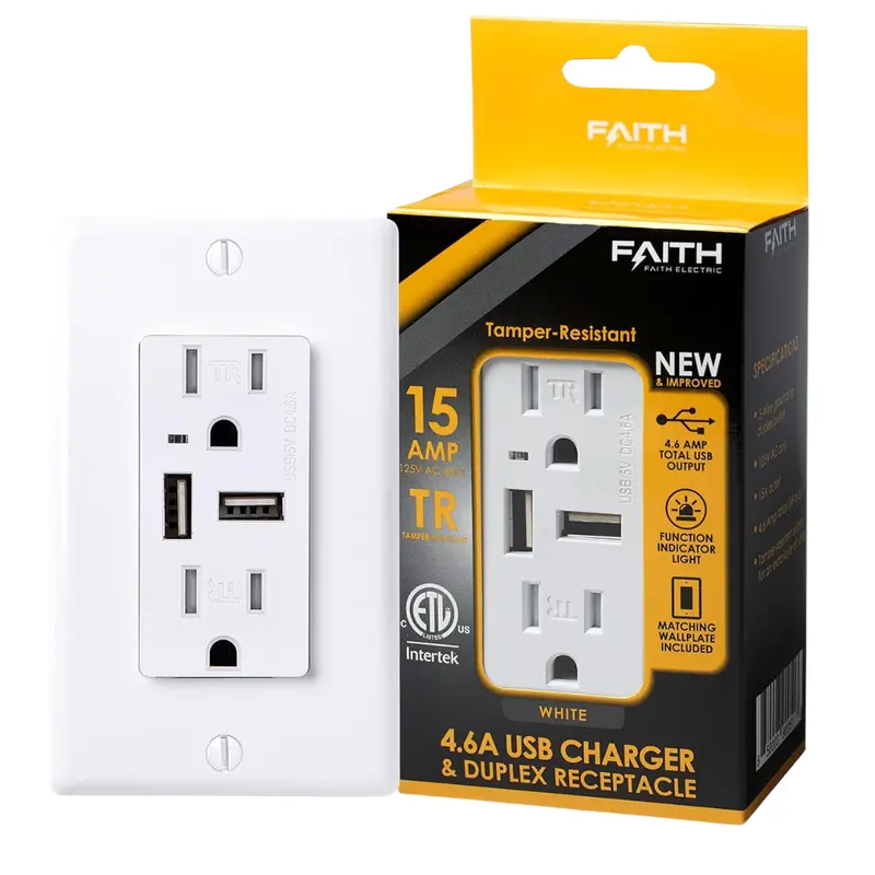 Faith 4.6A White Usb Wall Outlet W/ 2 Outlets & 2 Usb-A Charging Ports 1