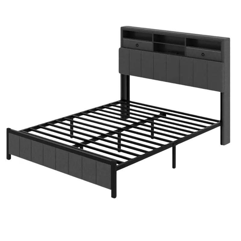 Full Size Bed Frame With Storage Headboard & Led Lights 1