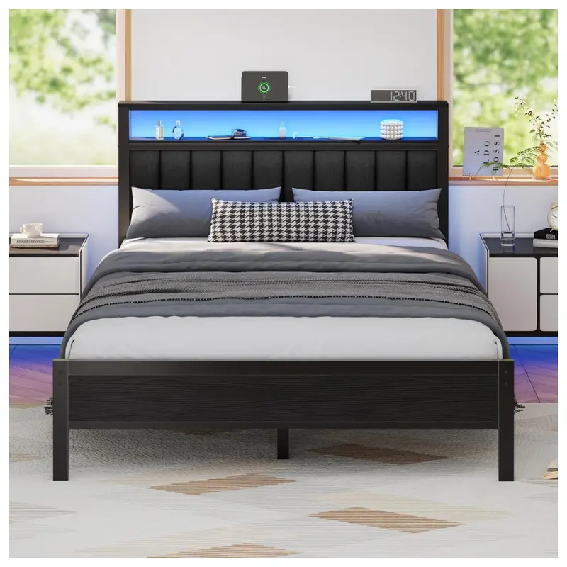 Furnulem Queen Size Bed Frame W/ Charging Station And Led Lights 1
