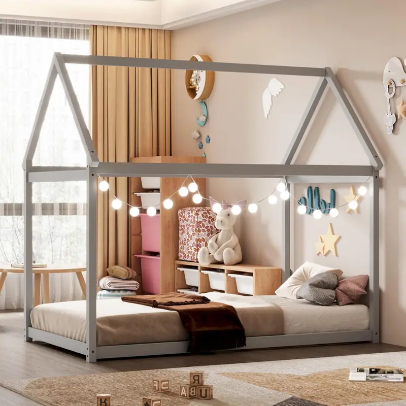 Giantex Wood Montessori Twin House Bed W/ House Roof Canopy 1
