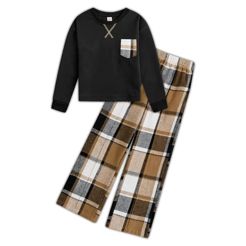 Girl's Solid Long Sleeve Top & Plaid Wide Leg Pants With Pockets (Various) 1