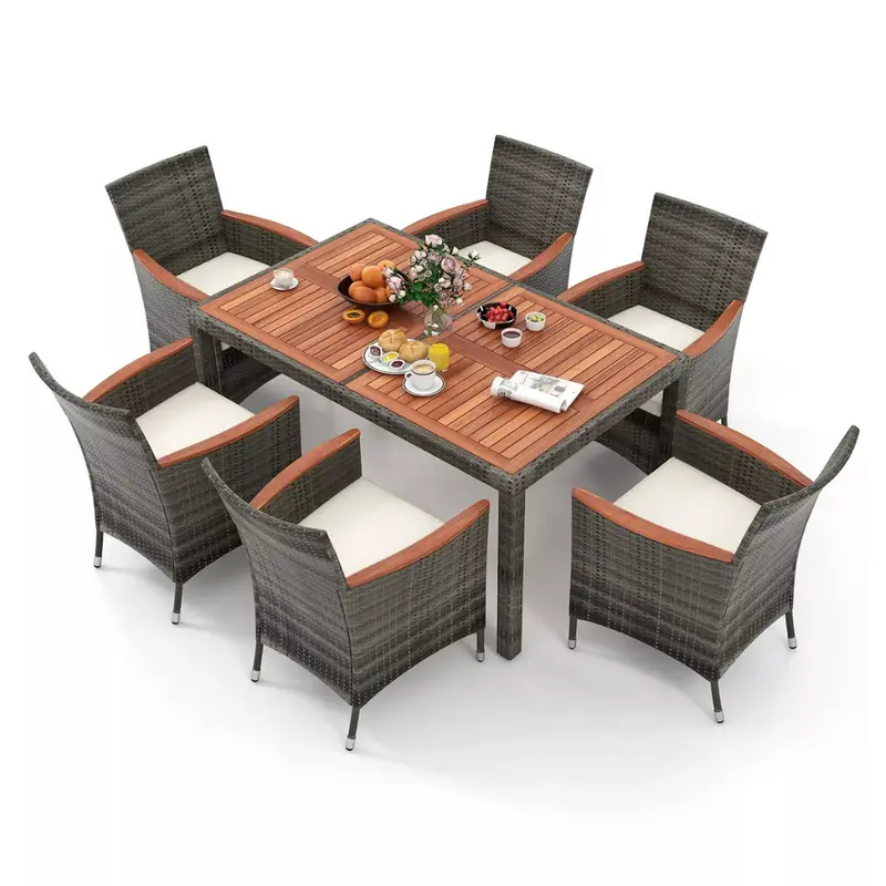 Gouun 7 Pieces Patio Acacia Wood Cushioned Pe Rattan Wicker Dining Set 1