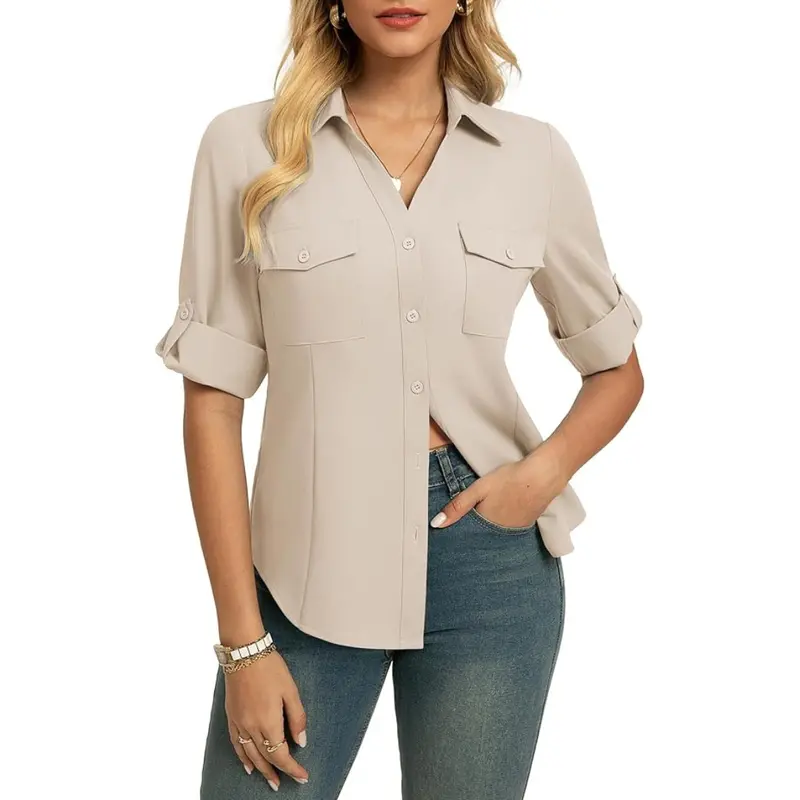 Grace Karin Women's Collared V-Neck Button-Down Business Shirt (Various) 1
