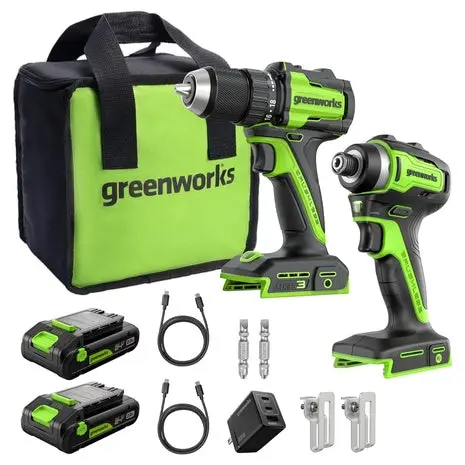 Greenworks 24V Compact Brushless Cordless Drill & Impact Driver Combo Kit With 2 Batteries 1