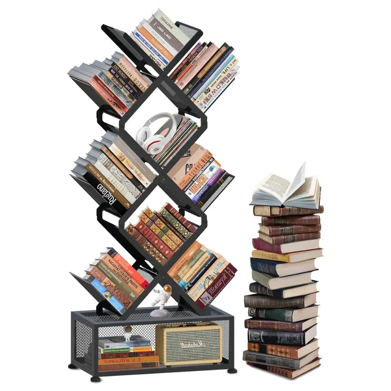 Hi Ninger 9-Tier Tree Folding Bookshelf With Storage Cabinet 1