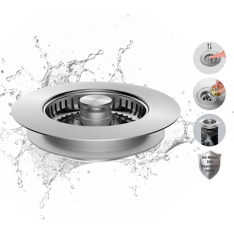 Hibbent All Metal Stainless Steel 3-In-1 Kitchen Sink Drain Strainer 1