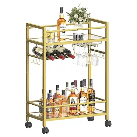 Home Rolling Bar Cart With 2 Mirrored Shelves & Wine Rack 1