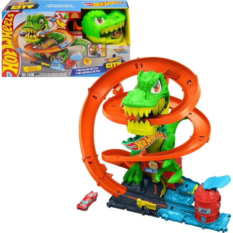Hot Wheels City T-Rex Blaze Battle Playset & 1:64 Scale Die-Cast Car 1