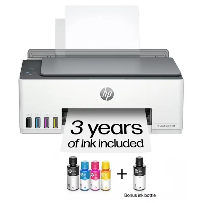 Hp Smart Tank 5104 Wireless Inkjet 3-In-1 Printer W/ Bonus Black Ink Bottles 1