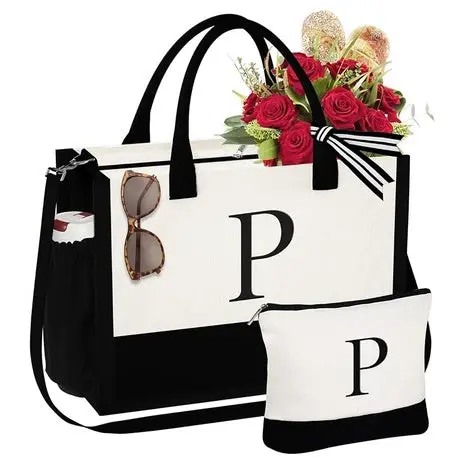 Initial Canvas Tote Bag & Makeup Bag Set 1
