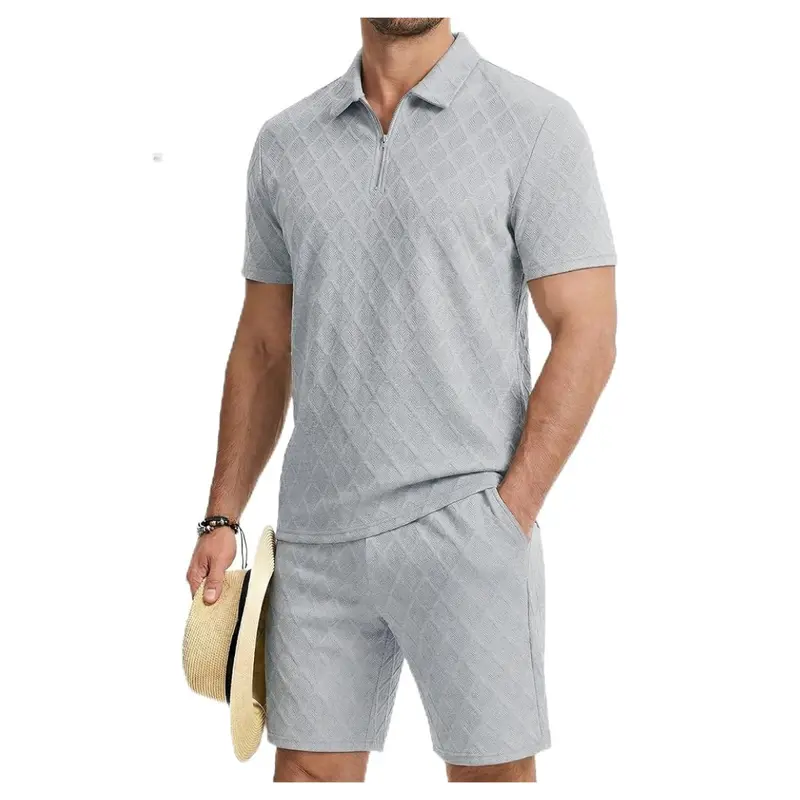 Jmierr Men's 2-Piece Jacquard Knit Outfits Golf Polo Shirt & Shorts Set 1