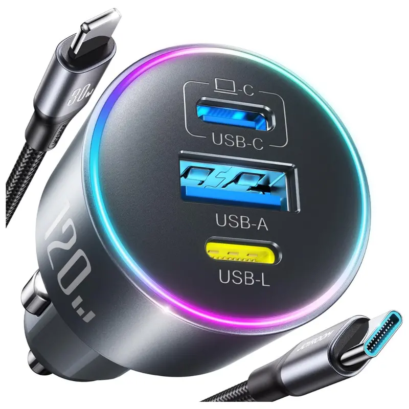 Joyroom Up To 120W 3-Port Car Charger W/ 3.3' Usb-C Cable 1