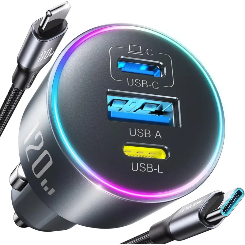 Joyroom Up To 120W 3-Port Car Charger W/ 3.3' Usb-C Cable 1