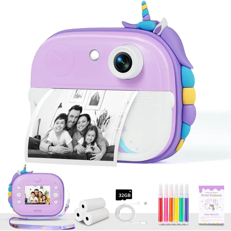 Kids Instant Print Camera Toy With 3 Paper Rolls & 32Gb Card 1