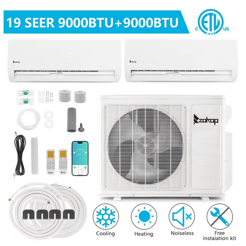 Ktaxon 2 Zone 9000 + 9000 Btu Wifi Mini Split Ac/Heating System 1