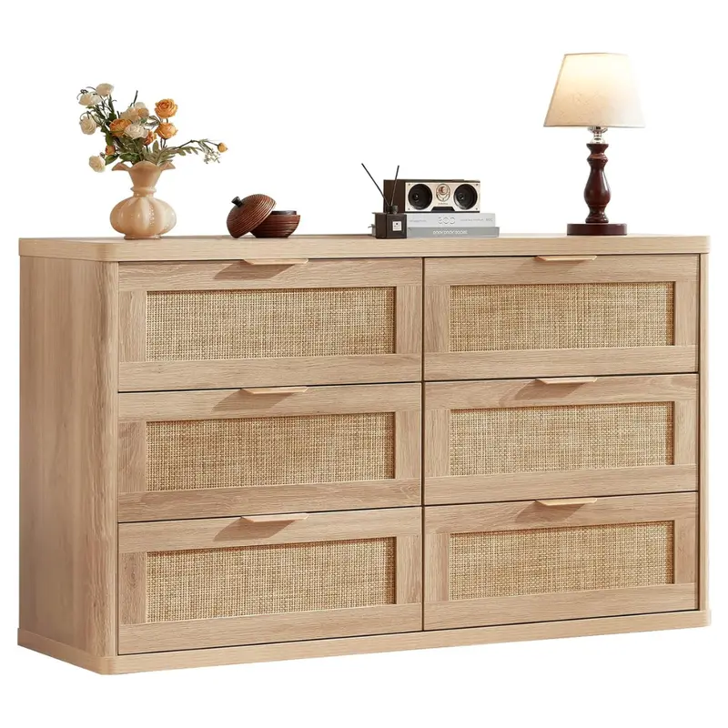 Leyaoyao Rattan 54" Wide Natural 6 Drawer Dresser 1