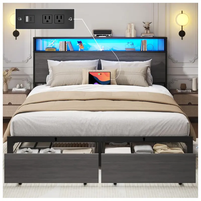 Lifezone Queen Metal Platform Bed Frame W/ 2-Tier Storage Headboard 1