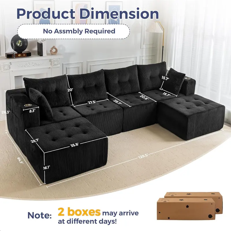 Maxyoyo 129.5" Modular Sectional Sofa Couch With 2 Ottomans 1