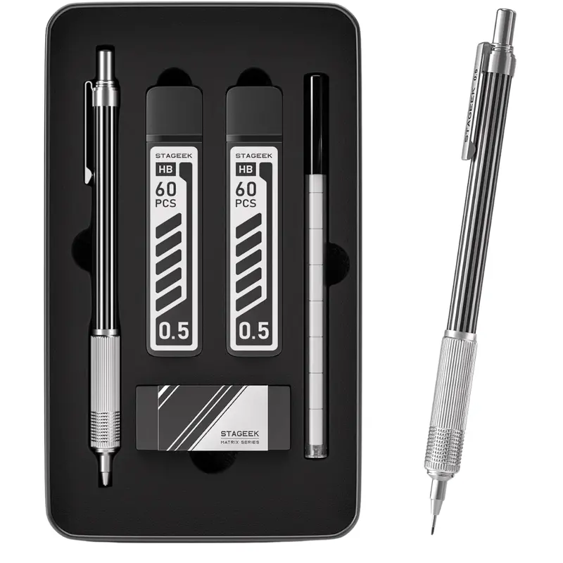 Mechanical Pencil W/ Metal Gift Case, 120-Piece Hb Lead Refills 1
