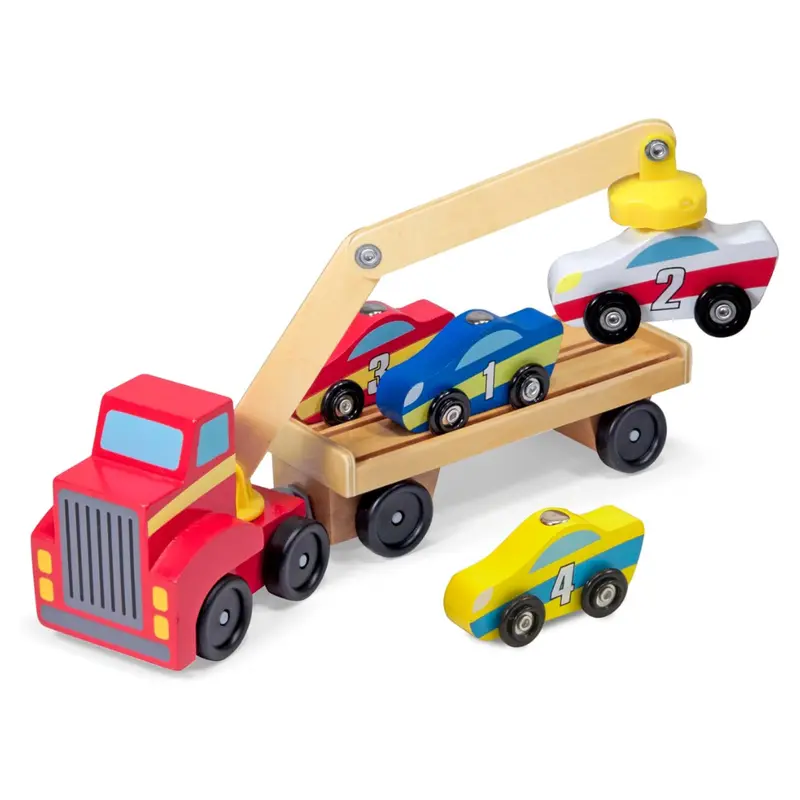 Melissa & Doug Magnetic Car Loader Wooden Toy Set W/ 4 Cars 1