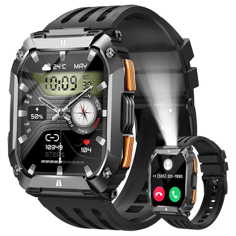 Men's 1.95" Waterproof Military Fitness Tracker Smart Watch W/ Flashlight 1