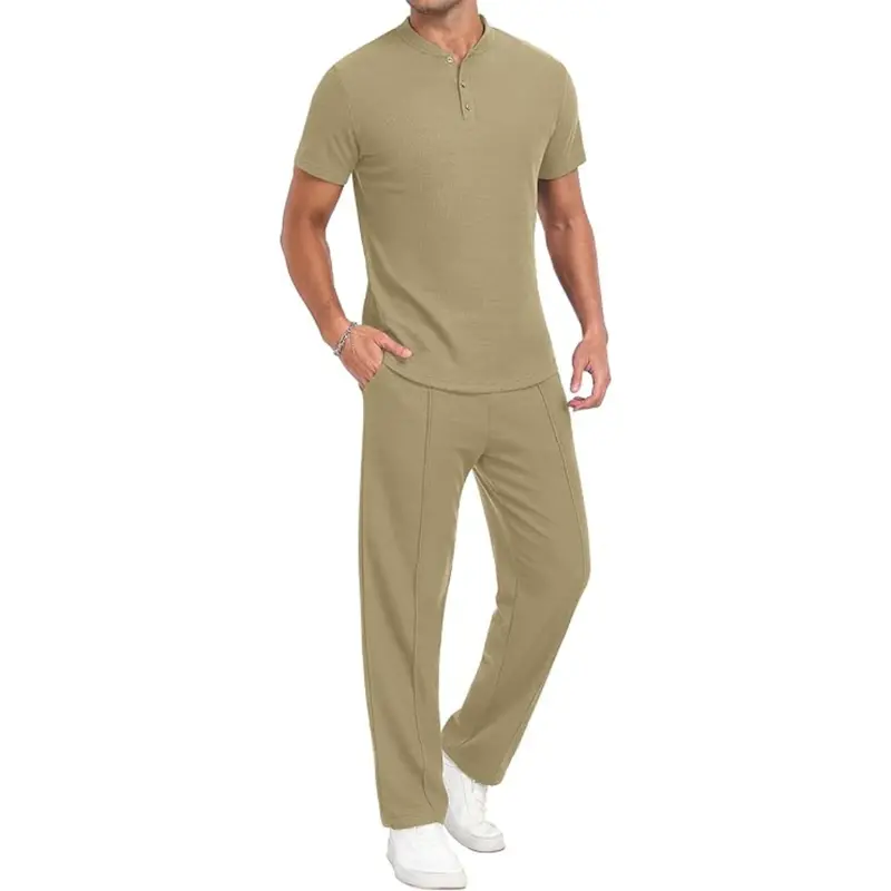 Men's 2 Piece Waffle Knit Henley Shirt And Pants Tracksuits Set (Various) 1