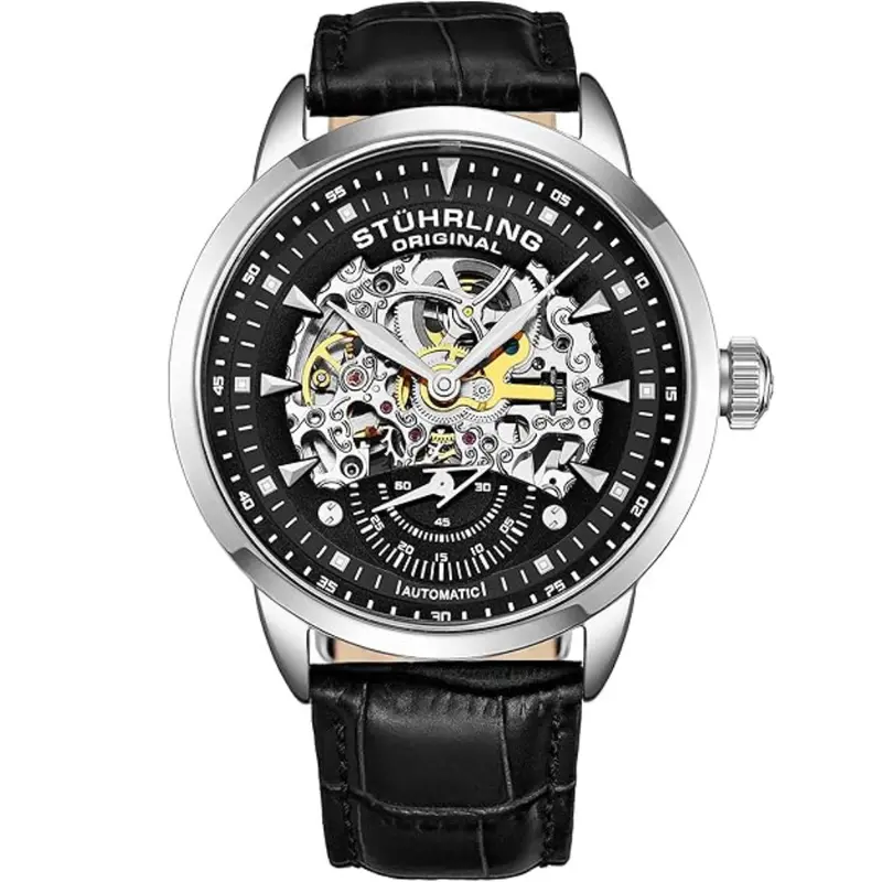 Men's Black Leather Strap Automatic Skeleton Watch 1