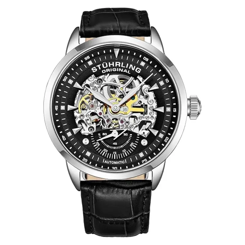 Men's Black Leather Strap Automatic Skeleton Watch 1