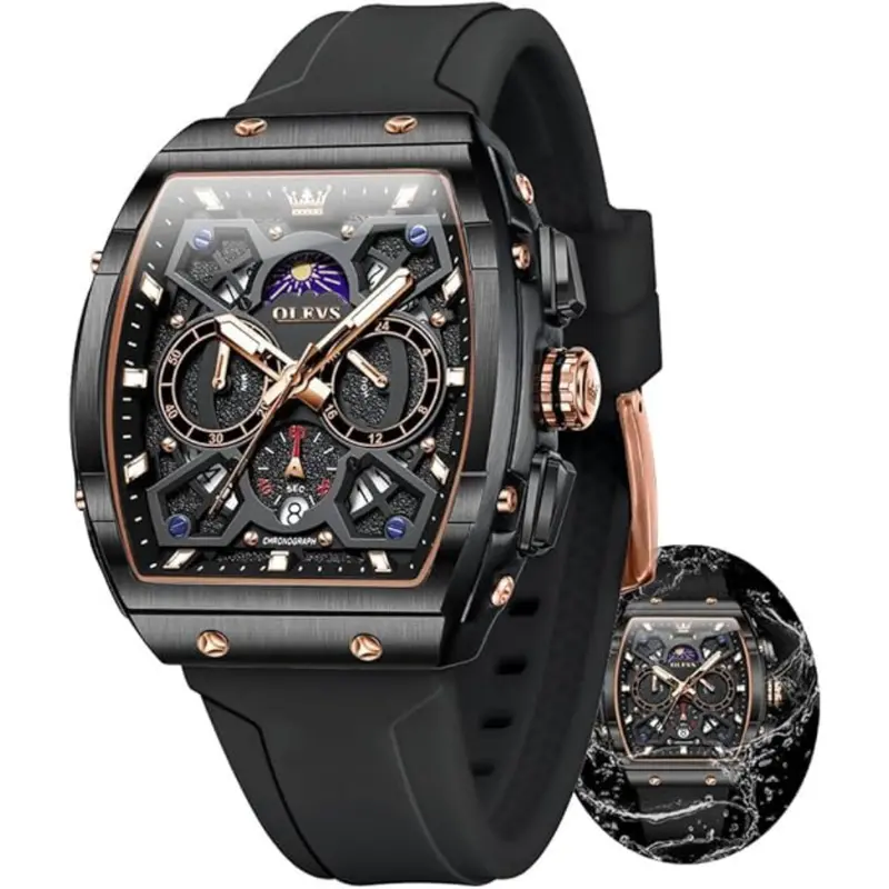Men's Rubber Moon Phase Date Waterproof Fashion Watch 1